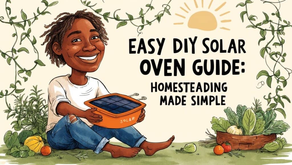 A person smiling and holding a solar oven while sitting on the grass. The text reads, "Simple Guide: DIY Solar Oven for Homesteading Made Easy." Vegetables and a sun illustration are also visible.