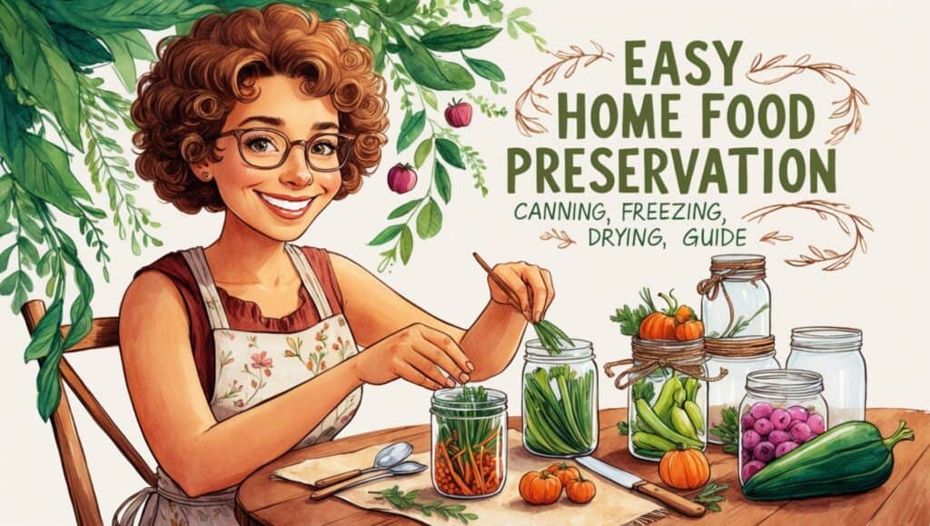 A smiling person is preserving vegetables in jars at a table, with text reading "Easy Home Food Preservation: Canning, Freezing, Drying Guide" in the background.