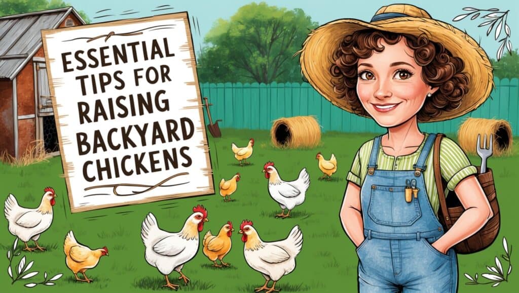 Illustration of a person in overalls and a hat holding tools, standing near chickens and hay in a backyard, with a sign that reads, "Essential Tips for Raising Backyard Chickens.