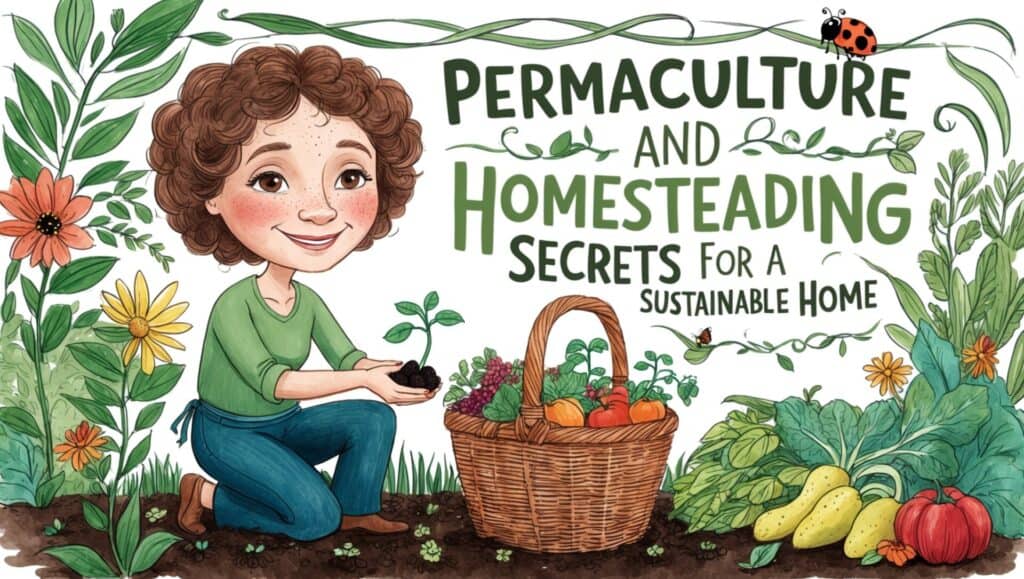 A person with curly hair kneels next to a basket of vegetables and herbs, holding a plant. Text says "Permaculture and Homesteading: Secrets for a Sustainable Home.